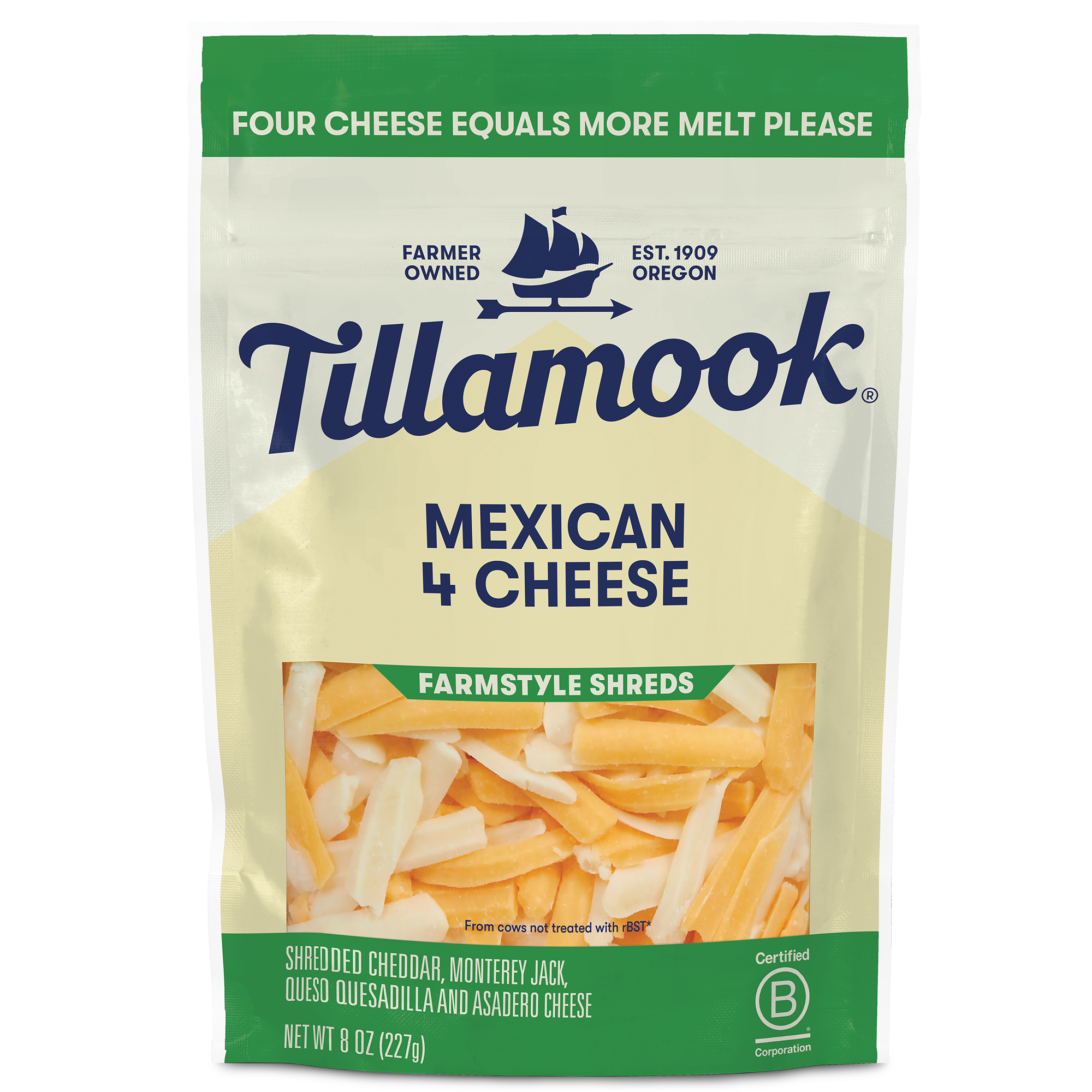 MEXICAN 4 CHEESE FARMSTYLE THICK CUT SHREDDED CHEDDAR, MONTEREY JACK, QUESO QUESADILLA AND ASADERO CHEESES, MEXICAN 4 CHEESE