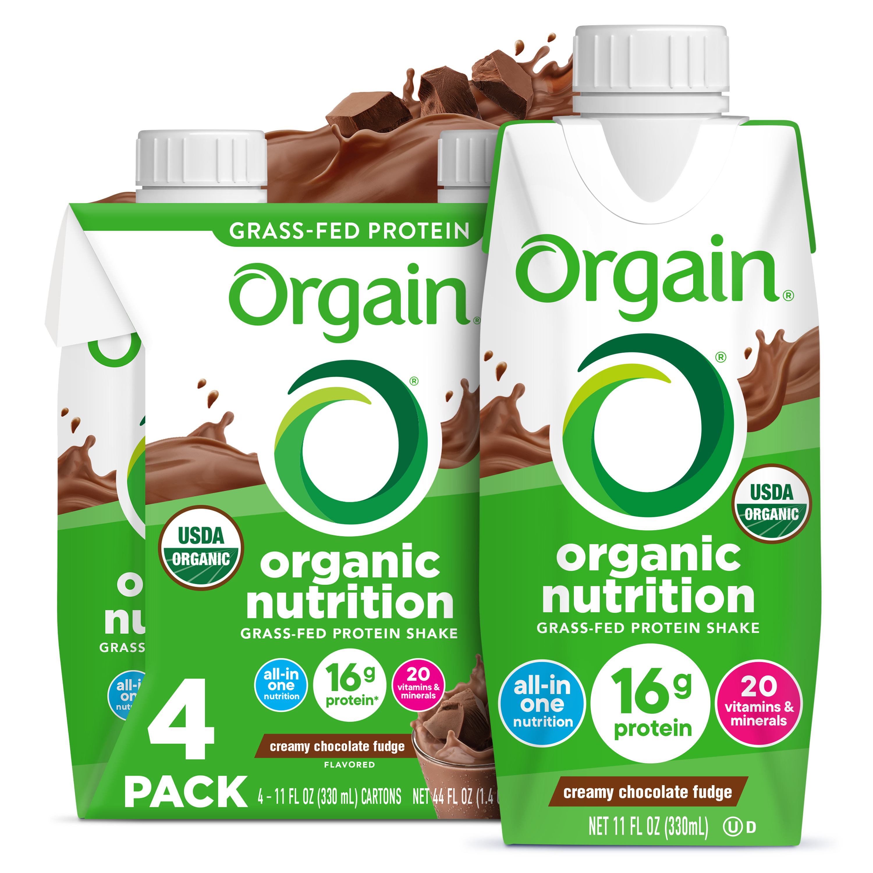 Organic Nutrition Grass-Fed Protein 16g Nutritional Shake, Creamy Chocolate Fudge
