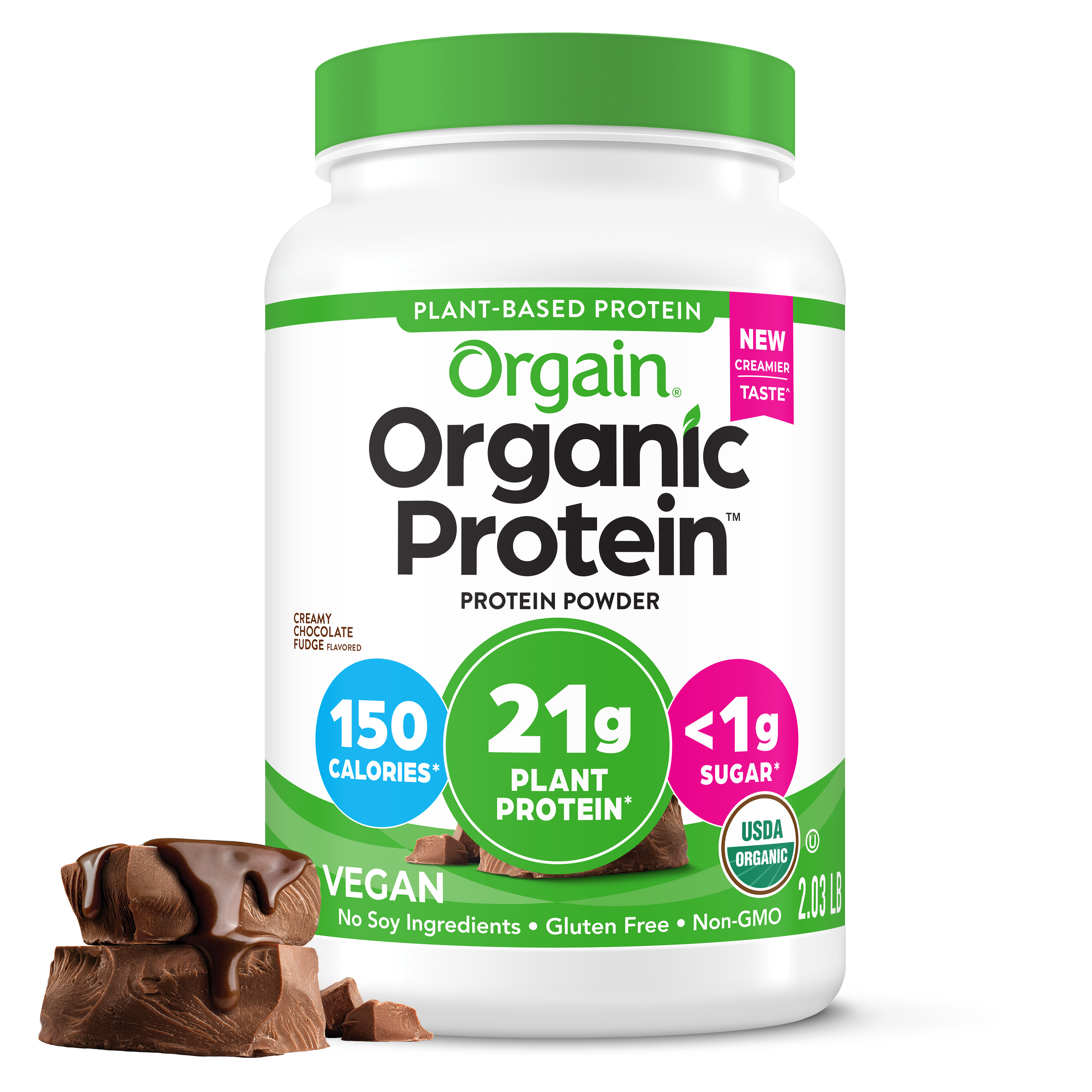 CREAMY CHOCOLATE FUDGE FLAVOR PLANT BASED PROTEIN POWDER, CREAMY CHOCOLATE FUDGE